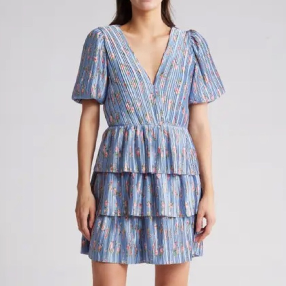 Wayf Floral Tiered Minidress In Blue
Roses baby blue dress